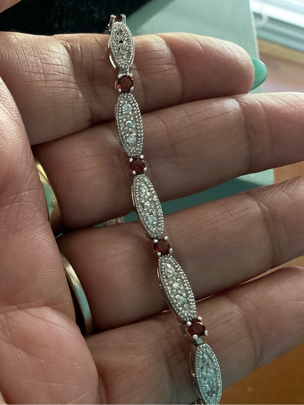 Silver Tone Garnet n CZ Accent Linked Bracelet - Women Jewelry